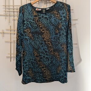 VTG Y2K Kaktus Animal Print Long Burnout Sleeve Blouse Teal Gold Black Womens M